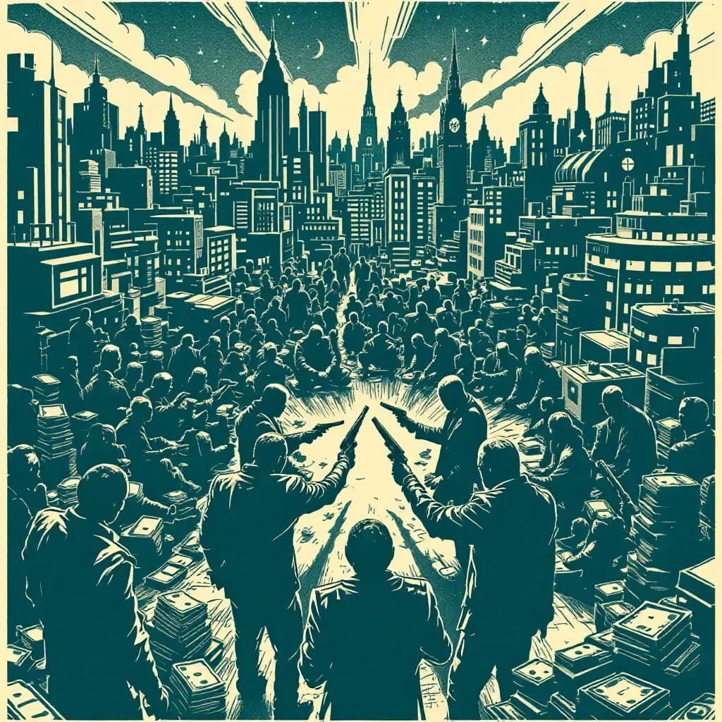 A shadowy group of figures engaging in an illicit transaction, surrounded by ominous symbols of power like crossed guns and stacks of money, set against a backdrop of a sprawling urban landscape.