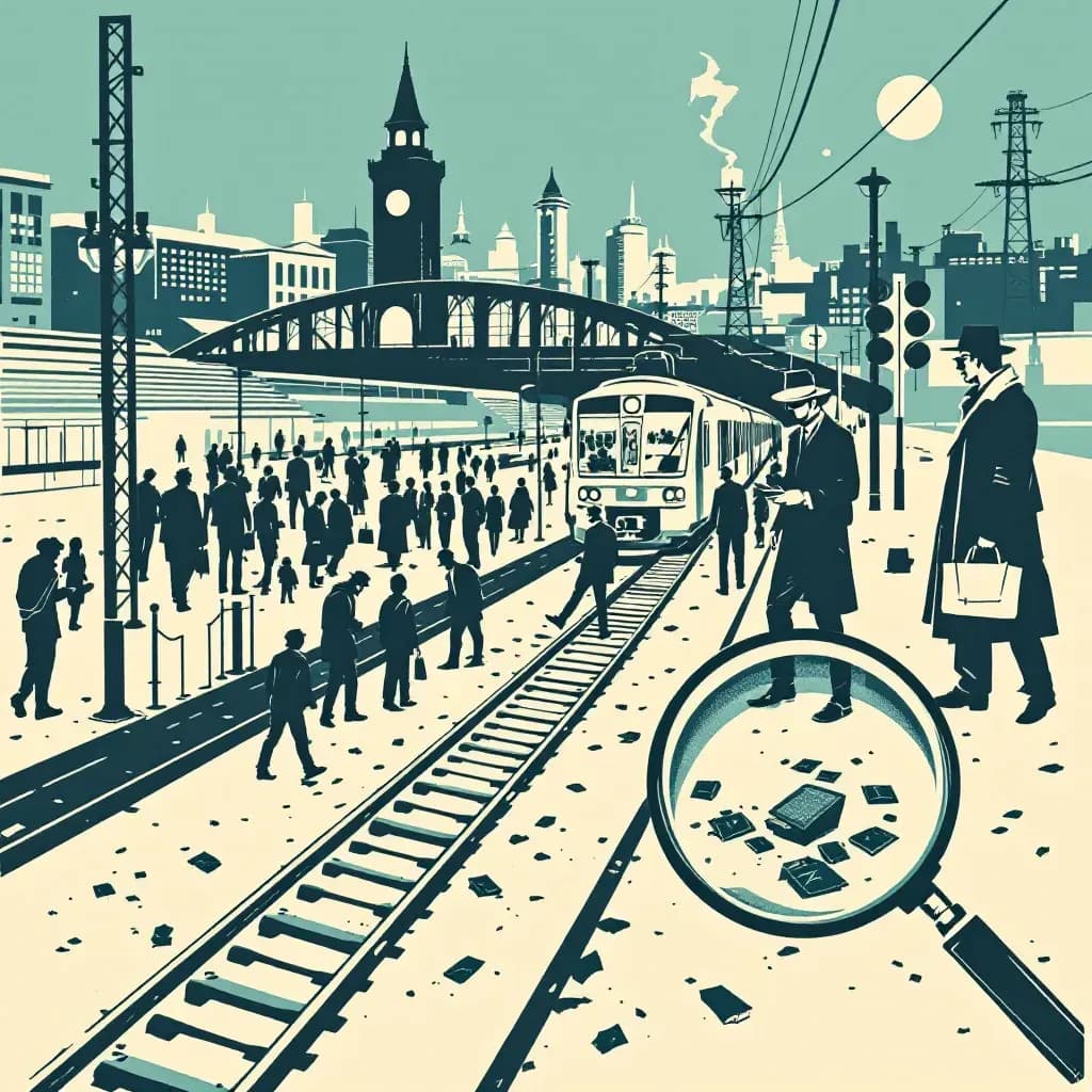 A bustling train station with commuters, a train in motion, detectives examining evidence on the tracks, and a magnifying glass highlighting a piece of evidence.