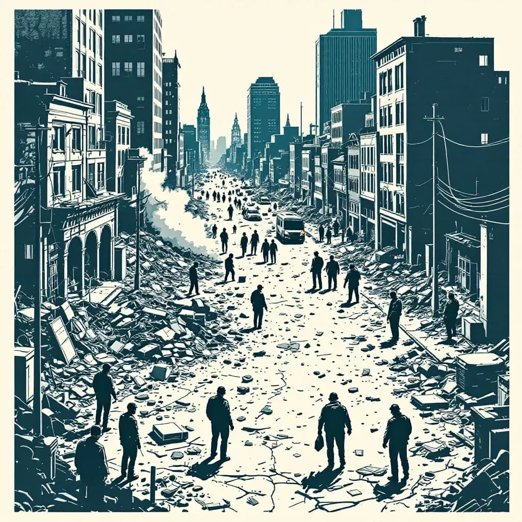 A devastated urban scene with emergency responders examining a chaotic site, strewn with debris and personal items, surrounded by investigators identifying evidence and documenting the aftermath of a large-scale tragedy.