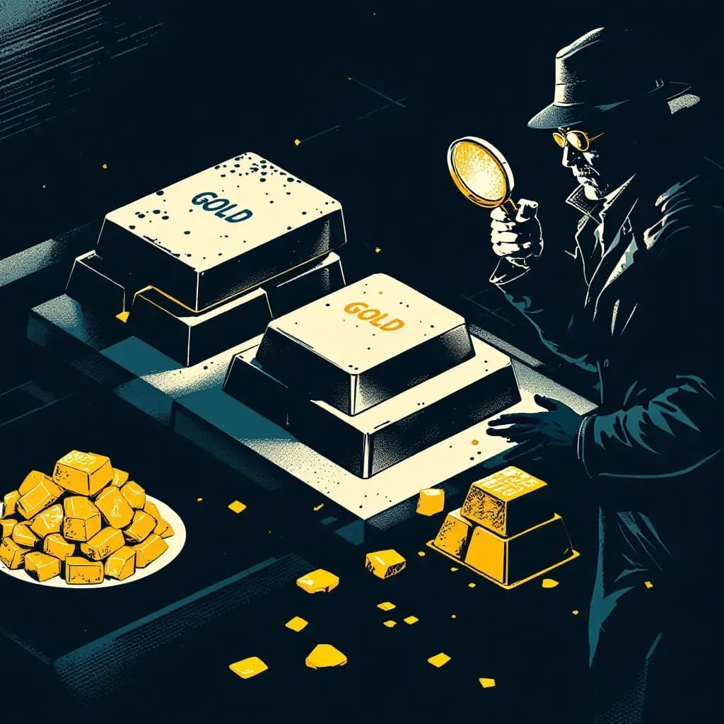 Bundles of gold bars and melted gold chunks, an investigator examining gold ingots with a magnifying glass, a covert transaction involving a gold bar handover.