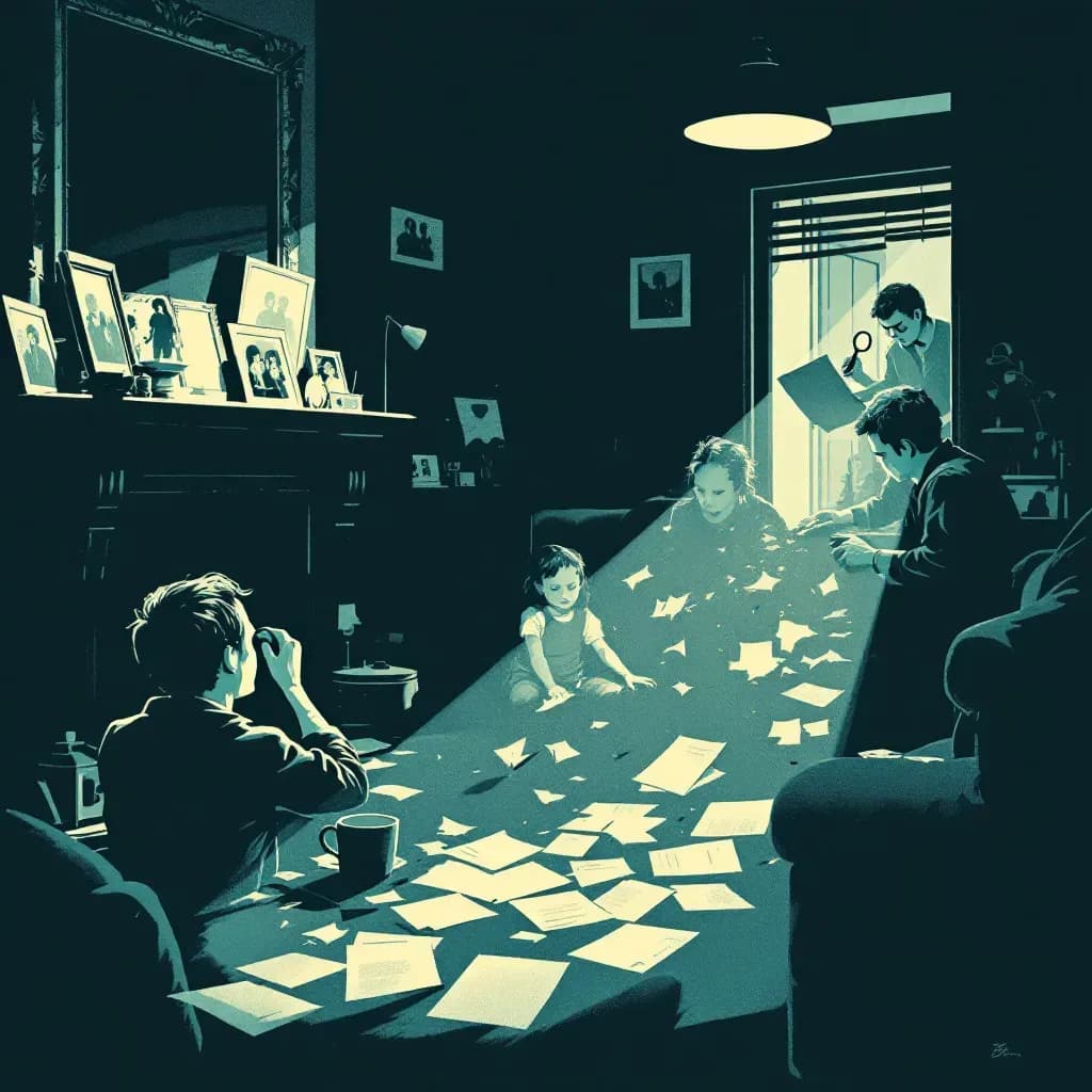 A shadowy family room, with an ominous atmosphere, broken family photos on a mantle, and investigators in the background examining documents with magnifying glasses, symbolizing the hidden and complex nature of incest cases.