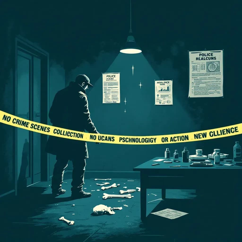 A dark, isolated room with police crime scene tape, a detective examining human bone remains, psychological analysis charts on the wall, and a table with chilling evidence and forensic tools.