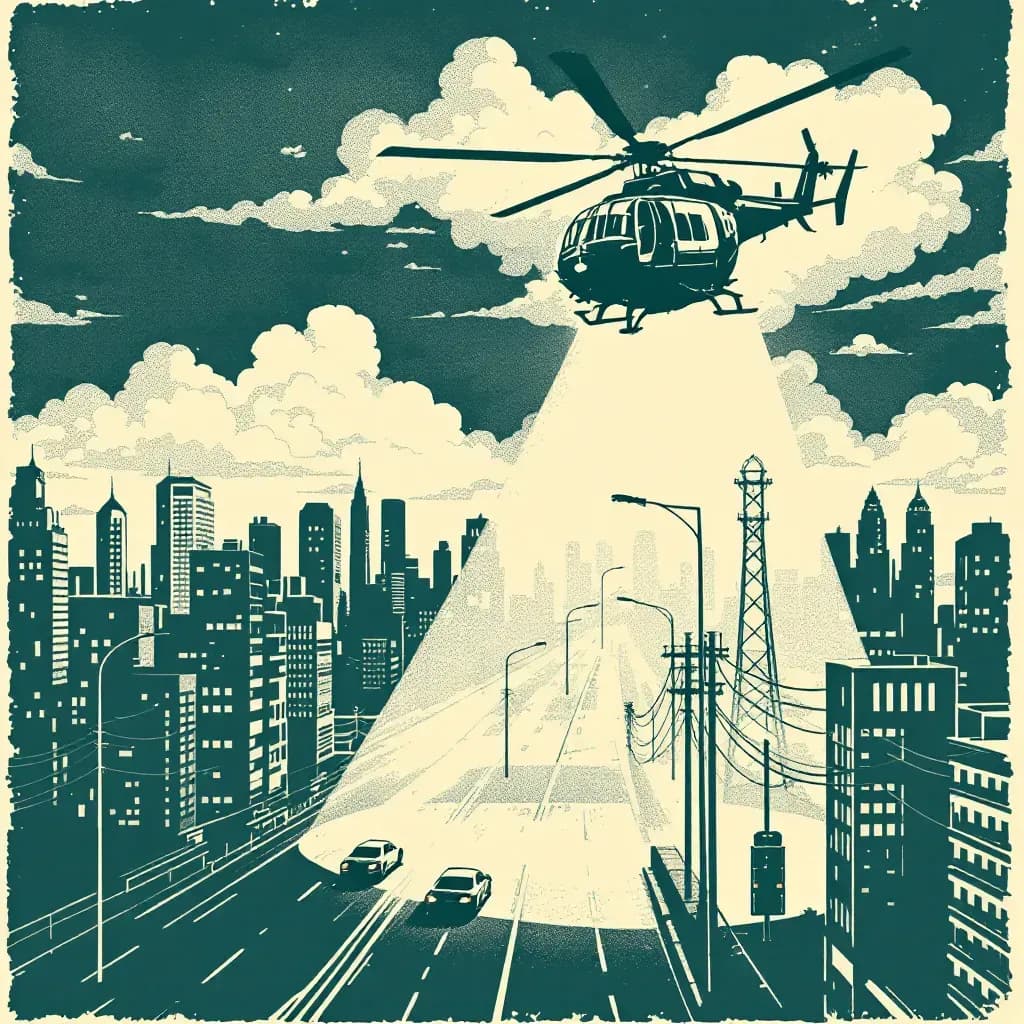 A helicopter high above a cityscape, spotlighting a speeding car on a highway below, symbolizing a police pursuit, with a nearby scene depicting the helicopter as part of a prison escape and smuggling operation.