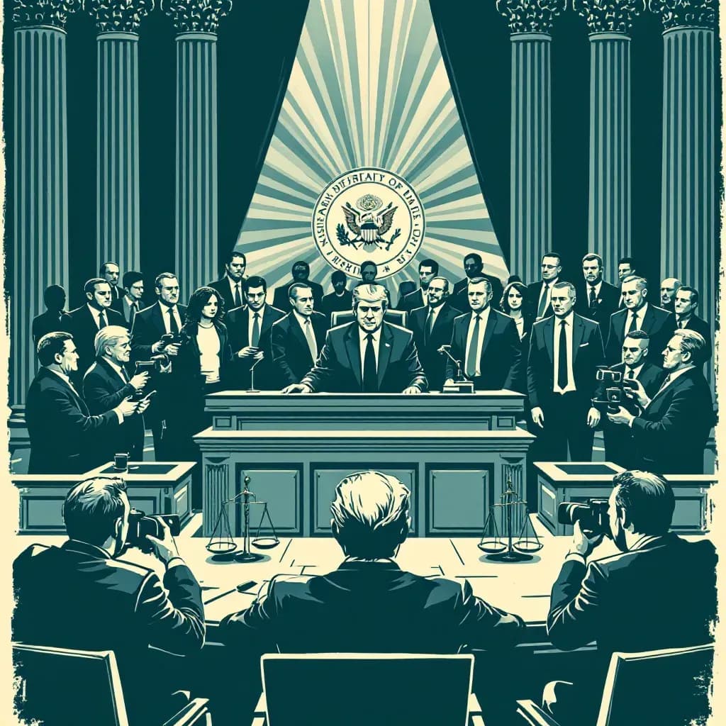 A high-stakes courtroom scene showing a president on trial, surrounded by lawyers and media, with symbolism of power and justice in the form of scales and national emblems.
