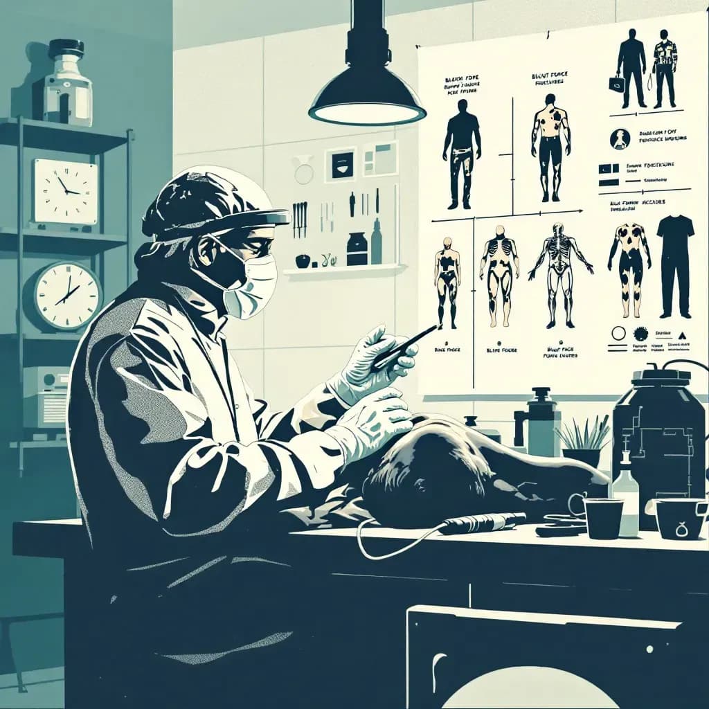 Forensic pathologist examining bruises and fractures with medical tools, beside a detailed diagram showing different types of blunt force injuries, in a lab filled with forensic equipment.