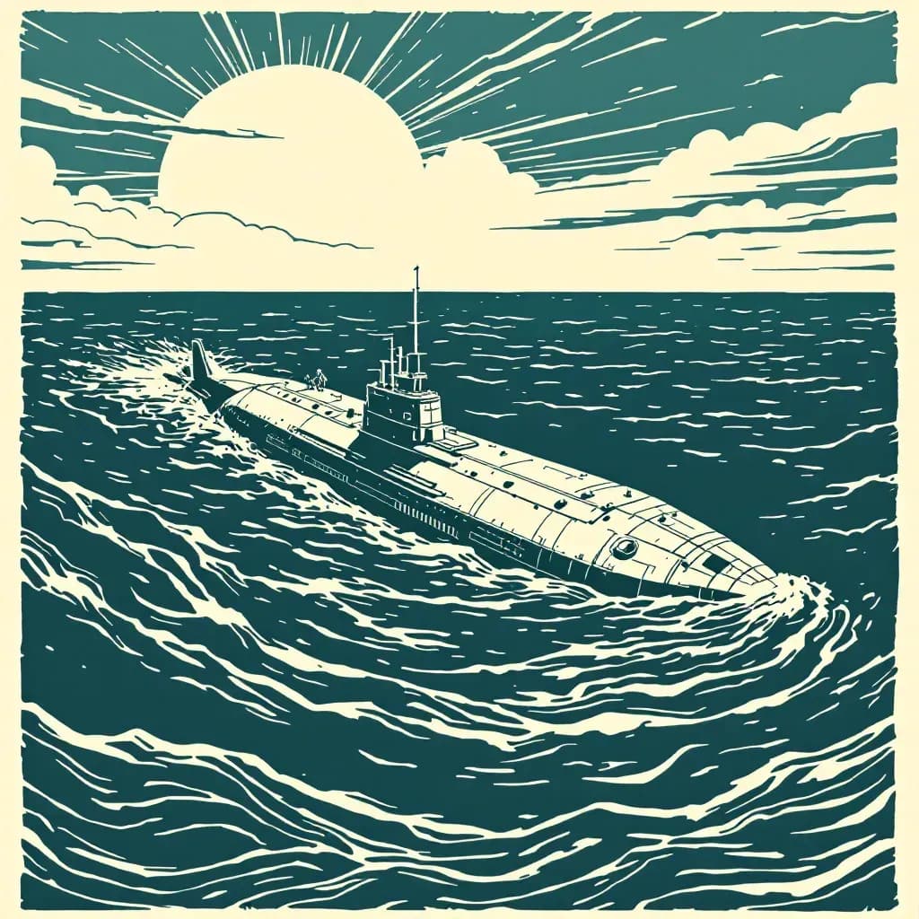 A submarine partially submerged in deep ocean water, surrounded by the vastness of the sea, serves as a concealed crime scene and hideout for smugglers, with investigators struggling to gather evidence.