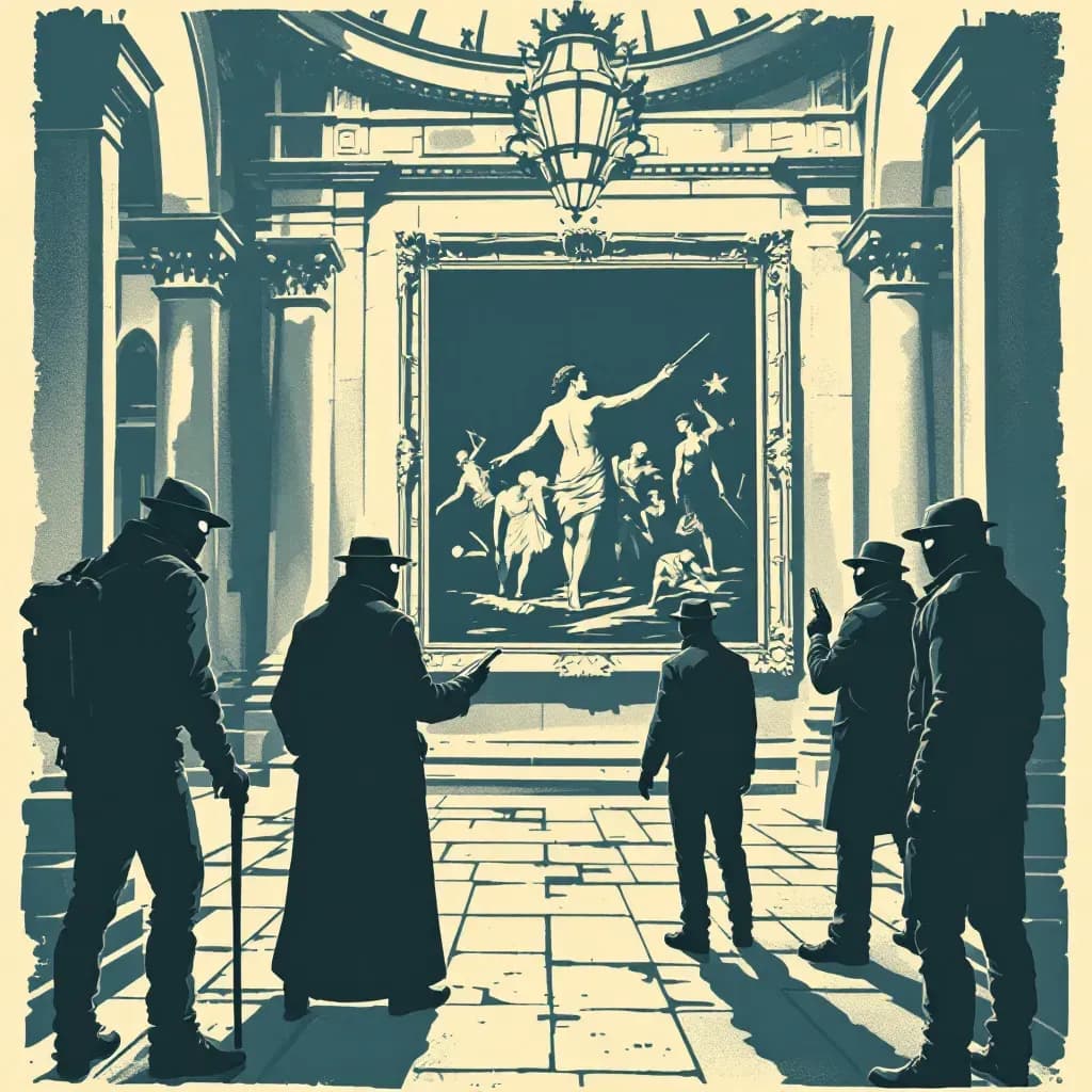 A daring art heist at the Louvre, showcasing masked thieves stealthily removing priceless paintings, global investigators examining crime scenes, and the intricate web of the international black market for stolen art treasures.