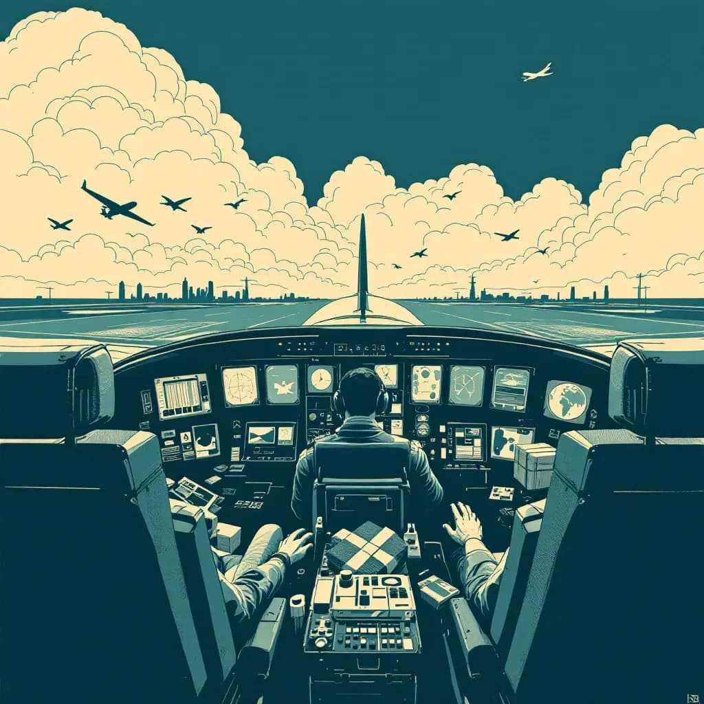 A lone airplane cockpit with a pilot controlling the aircraft, surrounded by imagery of contraband and airport security, symbolizing challenges of smuggling and aviation crime.