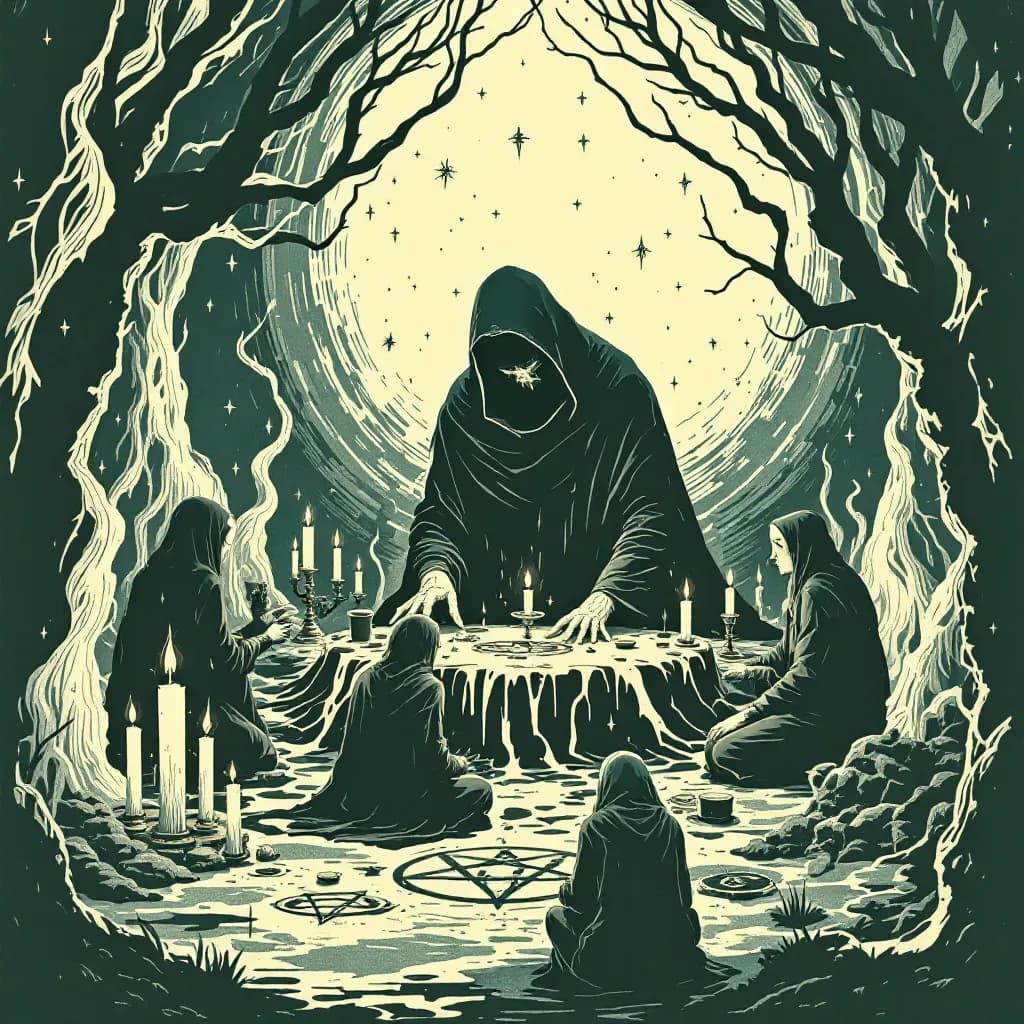 Enigmatic crime scene with ritualistic symbols, occult objects like candles and pentagrams, perpetrator performing bizarre rituals, confused investigators misled by symbolic clues, illustrating the influence of superstition on crime.