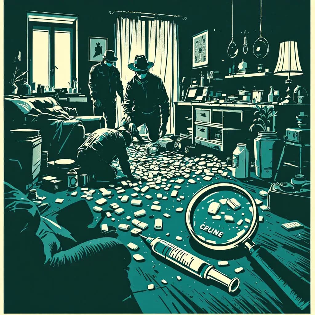 A cluttered crime scene with drugs, paraphernalia, overturned furniture, and scattered possessions; investigators carefully examining the area, magnifying glass over a discarded syringe, symbolizing the complexity of the investigation.
