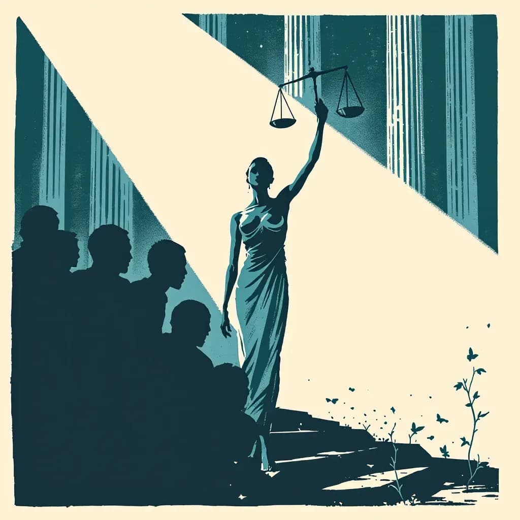 A courtroom setting with scales of justice, a figure symbolizing accountability standing against a backdrop of shadows representing hidden abuse, with symbols of the MeToo movement emphasized in the foreground.