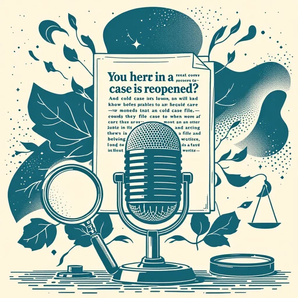 Illustration of a podcast microphone symbolically blending into a cold case file being reopened, surrounded by magnifying glass, gavel, and a scale of justice, representing investigative influence and ethical debate.