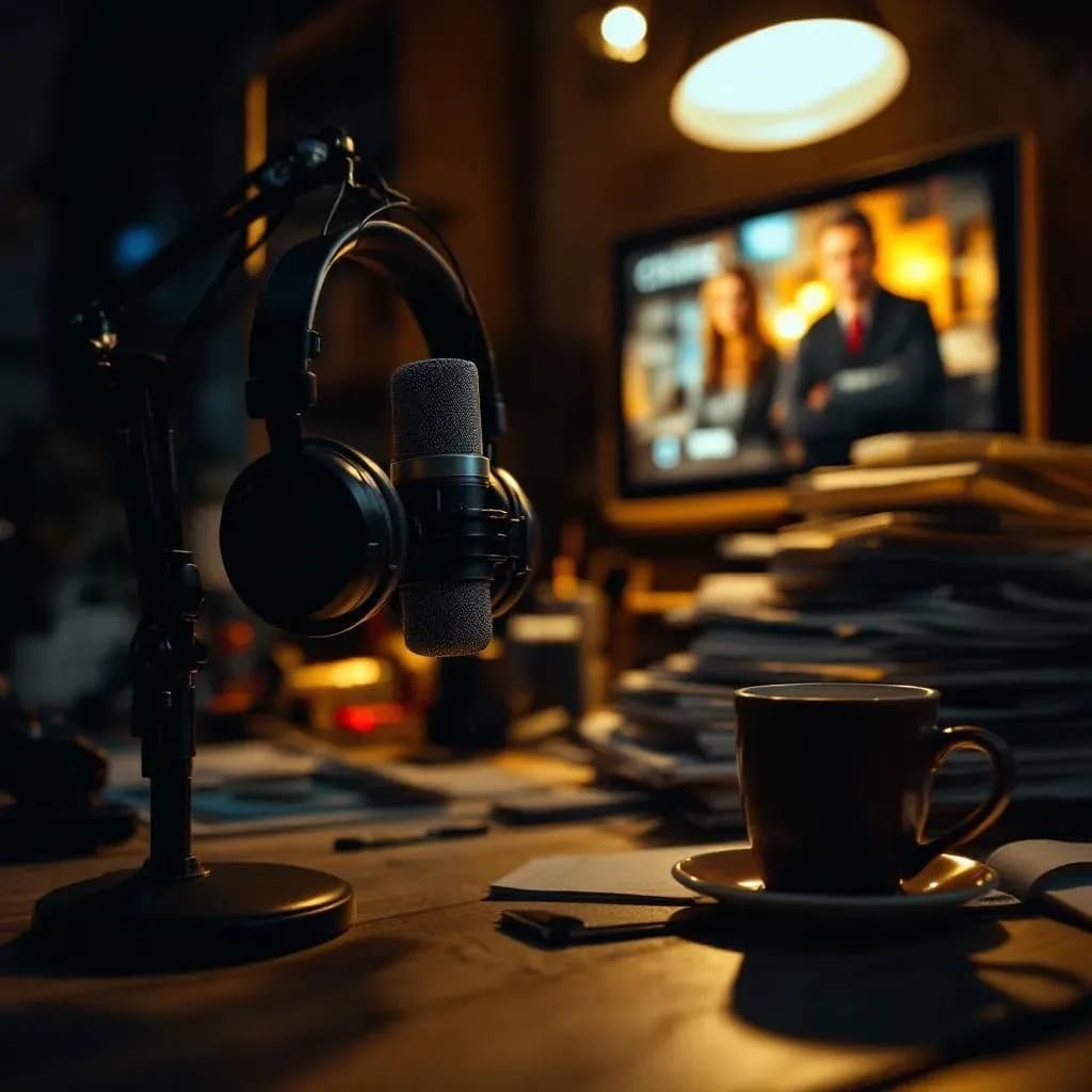 Journalistskrivebord om natten med podcast-mikrofon