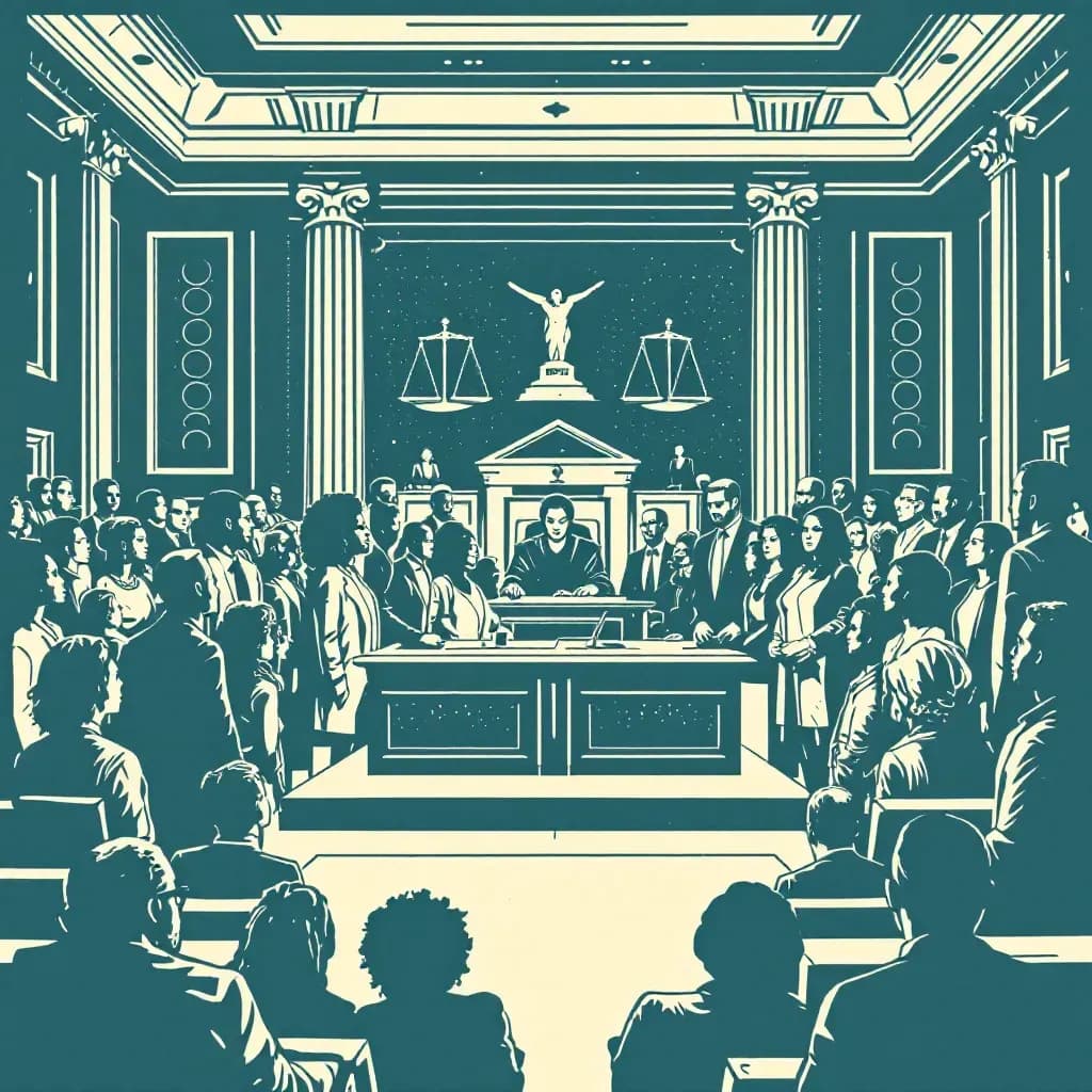 A courtroom with a judge, a diverse group of people, and a visible divide showing the scales of justice unevenly balanced, symbolizing systemic racism within the justice system.