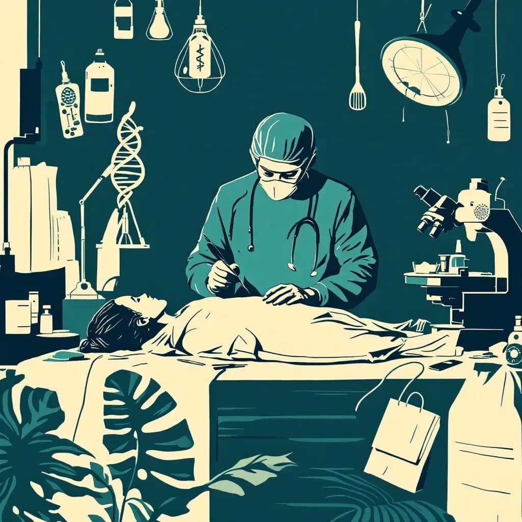 A forensic pathologist examines a body in a clinical setting, surrounded by tools like scalpels, evidence bags, and microscopes, highlighting the use of DNA analysis and toxicology in uncovering murder mysteries.
