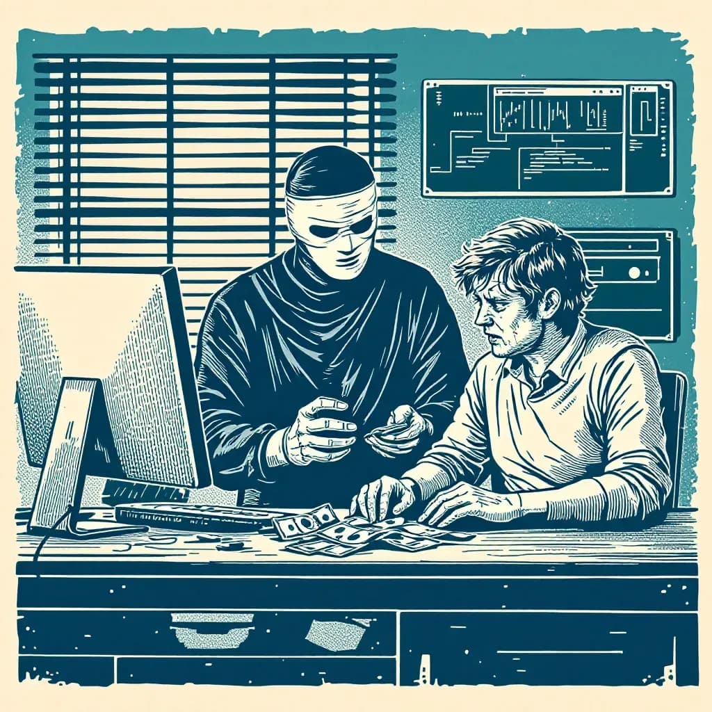 Kidnapping scene with a masked figure holding a hostage and using a computer, representing traditional and digital ransom demands; a distressed person deliberating over money and data on a desk.