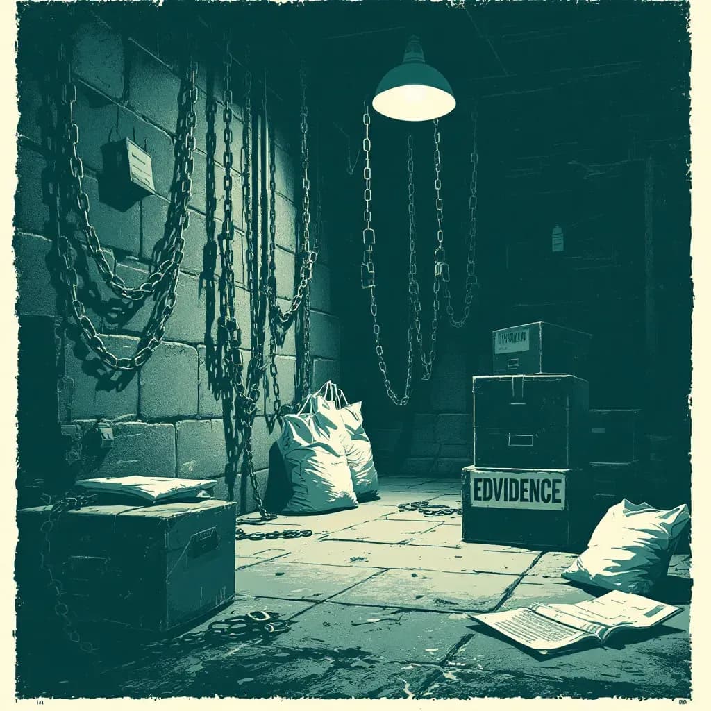 A dimly lit basement, featuring chains, old storage boxes, and evidence bags, symbolizing a crime scene of captivity and hidden secrets, evoking isolation and psychological depth.