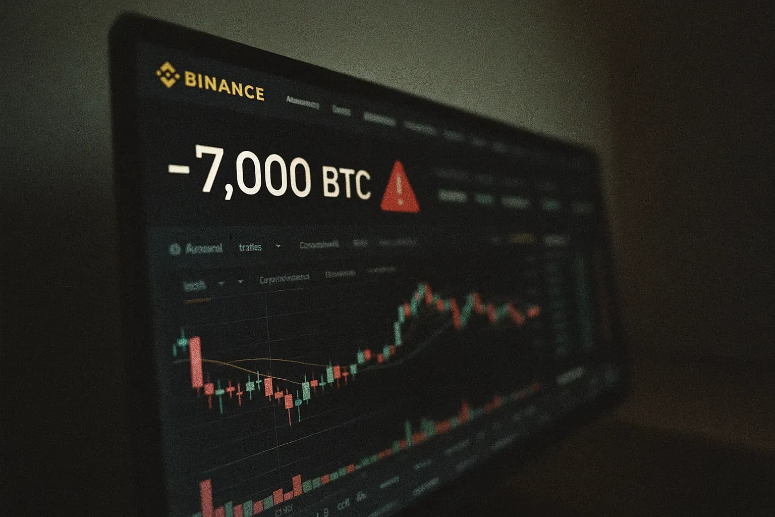 En computerskærm viser Binances kryptovalutadashboard, en rød advarselsmeddelelse blinker ved siden af saldoen og viser en manglende mængde på 7.000 bitcoin, hvilket symboliserer det massive cyberangreb, der rystede børsen.