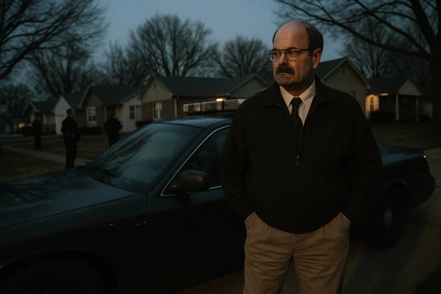 En person, der ligner Dennis Rader, står i et forstadskvarter i Wichita ved siden af en uidentificeret politibil, mens betjente diskret observerer nærliggende hjem.