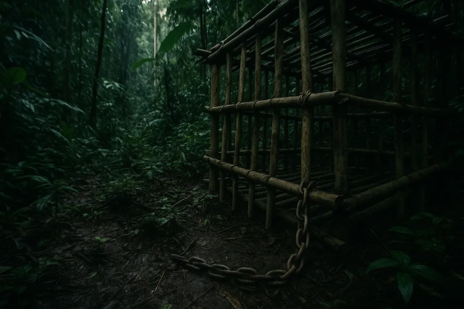 En tæt jungle i Laos med et improviseret bambusbur, kæder og jungleunderbevoksning, der fremhæver det barske miljø, hvor Dieter Dengler undslap fangenskab, og symboliserer hans kamp for overlevelse og modstandsdygtighed