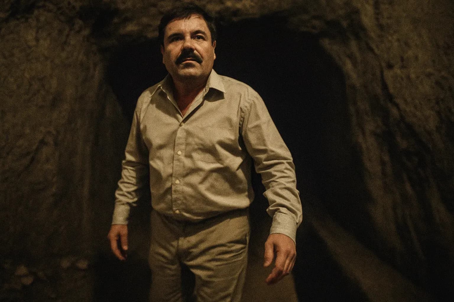 En skikkelse, der ligner El Chapo, står foran en dyb, svagt oplyst tunnel, der symboliserer den berygtede fængselsflugt i 2015.