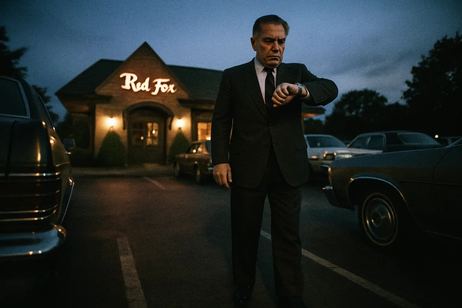 En skikkelse, der ligner Jimmy Hoffa, står udenfor Machus Red Fox-restauranten i aftenlyset, kigger på sit ur, omgivet af parkerede biler, hvilket symboliserer øjeblikket før hans forsvinden den 30. juli 1975.
