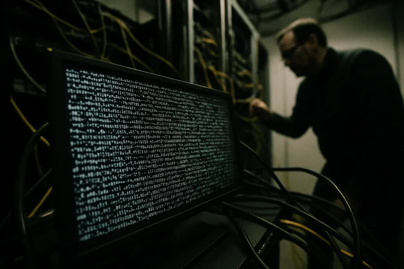 En kompromitteret Microsoft Exchange-server viser en terminalskærm fyldt med kryptisk kode, kabler, der snor sig ud, mens en tekniker i baggrunden undersøger opsætningen, hvilket symboliserer den udbredte indflydelse af Hafnium-cyberangrebet i 2021.