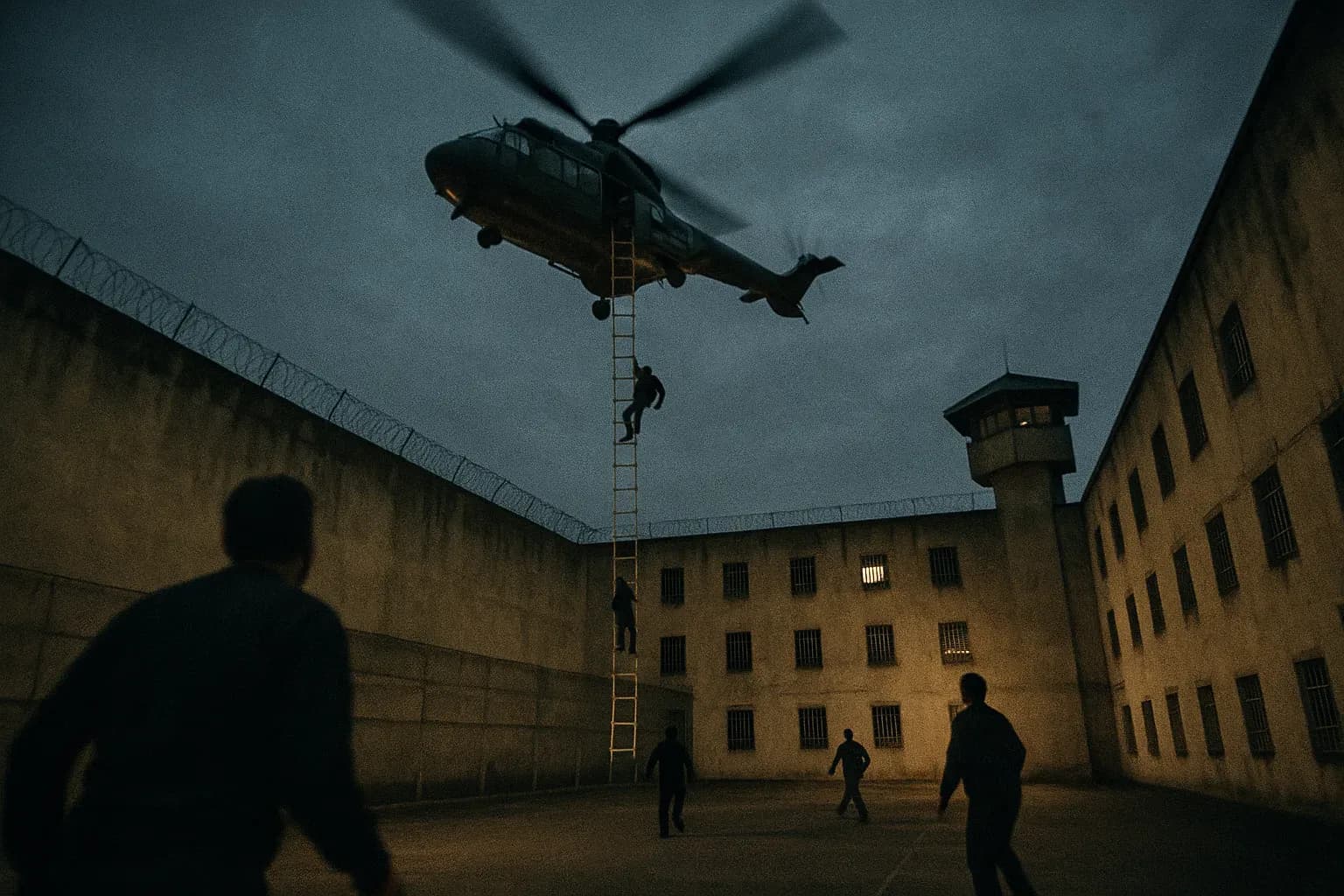 En helikopter svæver over en fransk fængselsgård, med en rebstige hængende ned, mens en dristig flugt udfolder sig og fremkalder de sensationelle flugtforsøg af Pascal Payet.