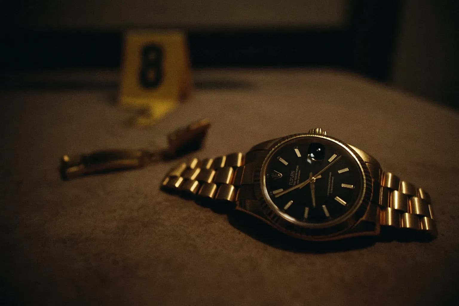 En guld Rolex-ur med en brækket rem ligger på et bord med bevismateriale fra en gerningssted, med urskiven der reflekterer det svage lys, hvilket symboliserer efterforskningen af mordet på rapperen Pop Smoke efter en dødelig hjemmerøveri i Hollywood Hills.
