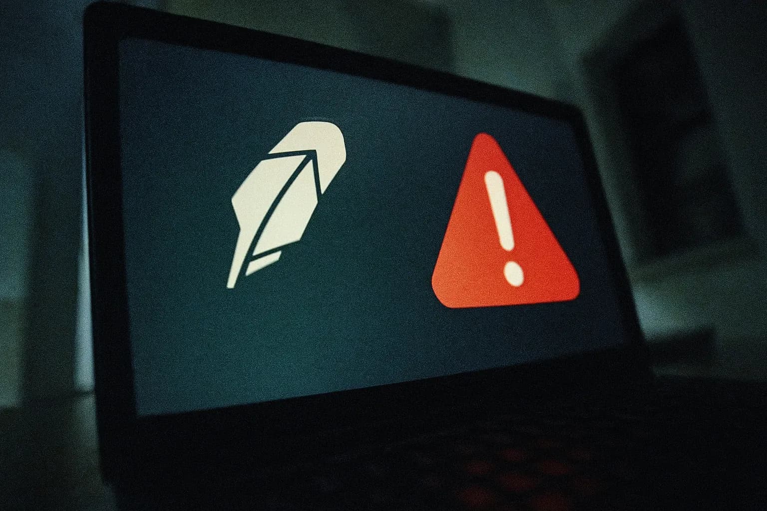 En computerskærm viser Robinhood-logoet sammen med et alarmikon, der symboliserer den massive brugerdatalækage og den efterfølgende cybersikkerhedsskandale.