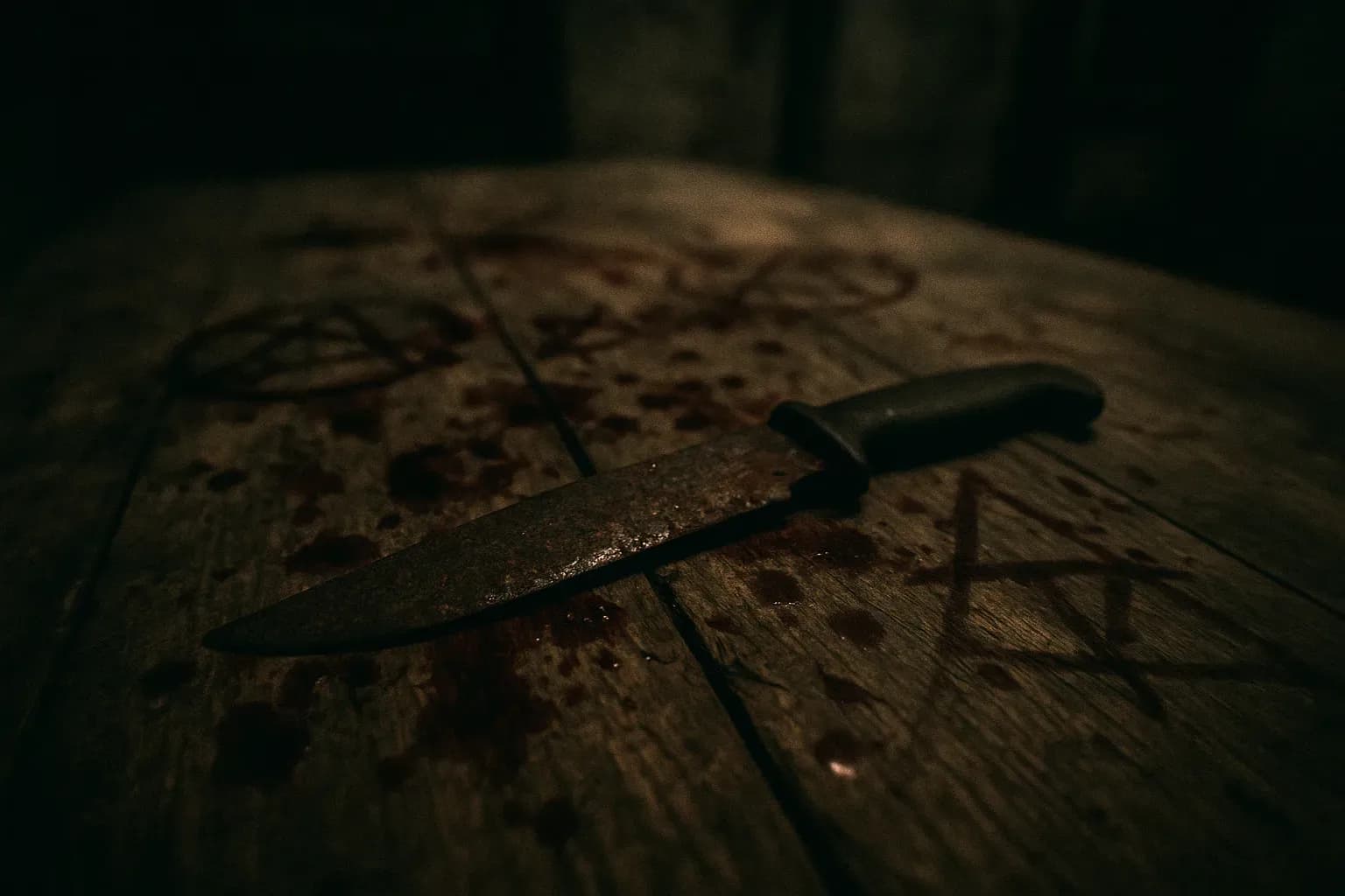 En rusten kniv ligger på et forvitret træbord i et svagt oplyst rum, omgivet af mørkerøde pletter og symboler indgraveret i overfladen, der afspejler de hemmelige ritualer fra Sacra Corona Unita.