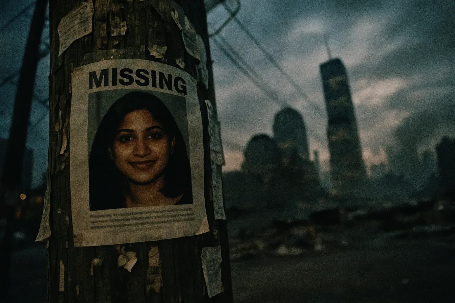 En efterlysningsplakat med Sneha Anne Philip tapet på en slidt elstolpe, omgivet af flyers og noter, med en svag refleksion af New Yorks skyline og rester af 9/11 eftervirkningerne i baggrunden.