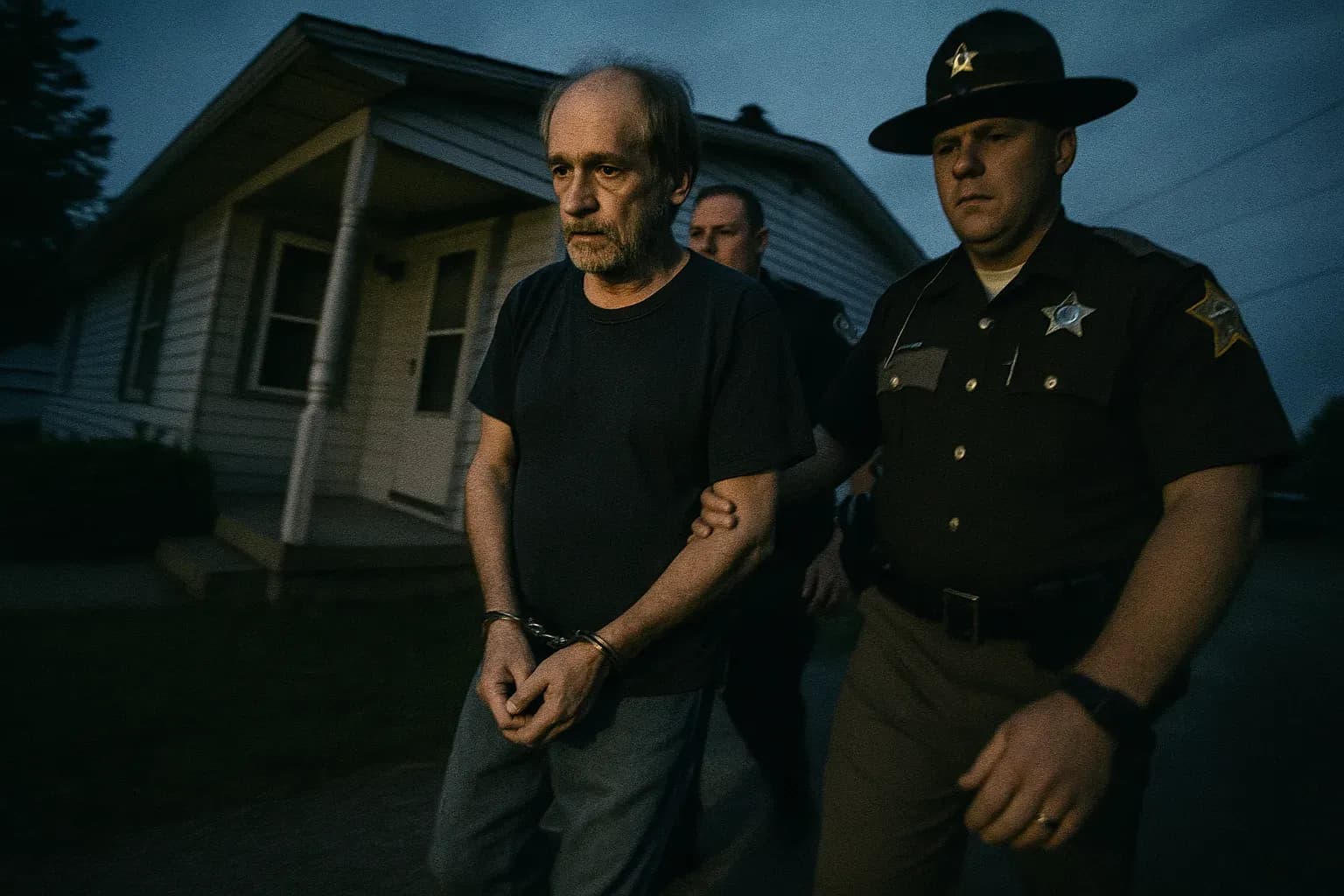 En person, der ligner John D. Miller, bliver ført i håndjern af politiet uden for et beskedent hus i Grabill, Indiana, hvilket markerer hans arrestation efter årtier med hånende beskeder og banebrydende DNA-beviser.