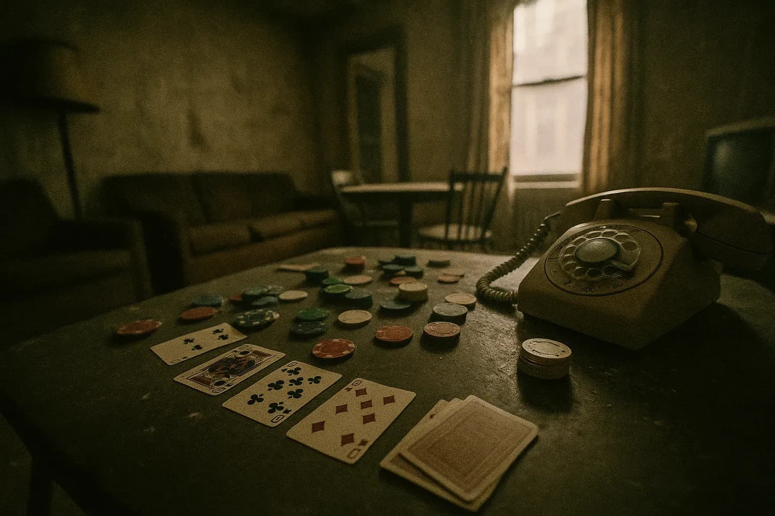 Et støvet, svagt oplyst rum i en lejlighed i New York i 1970'erne, spredt med kort og pokerchips på et bord. En gammel drejeskivetelefon står i nærheden og symboliserer forbindelser til Bonanno-krimifamilien.