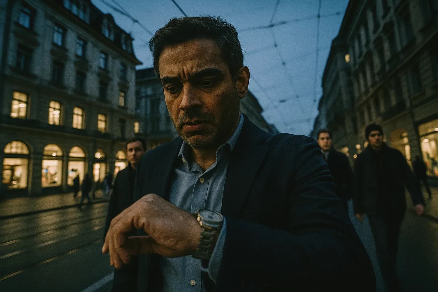 En skikkelse, der ligner Iqbal Khan, står på en travl gade i Zürich og kigger på sit ur med et varsomt udtryk, mens anonyme skikkelser i baggrunden tilsyneladende følger ham diskret.