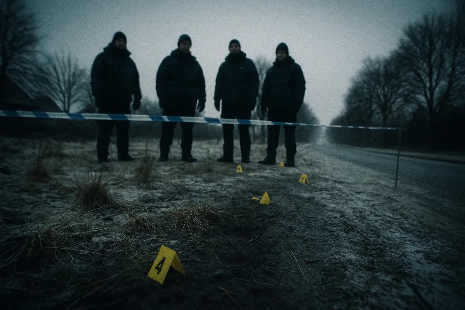 En uhyggelig scene på Rolighedsvej i Herning, hvor et eftersøgningshold står nær et afspærret område, landskabet er barsk og vinterligt. Markeringer og evidensflag antyder en tragisk opdagelse gjort under efterforskningen.