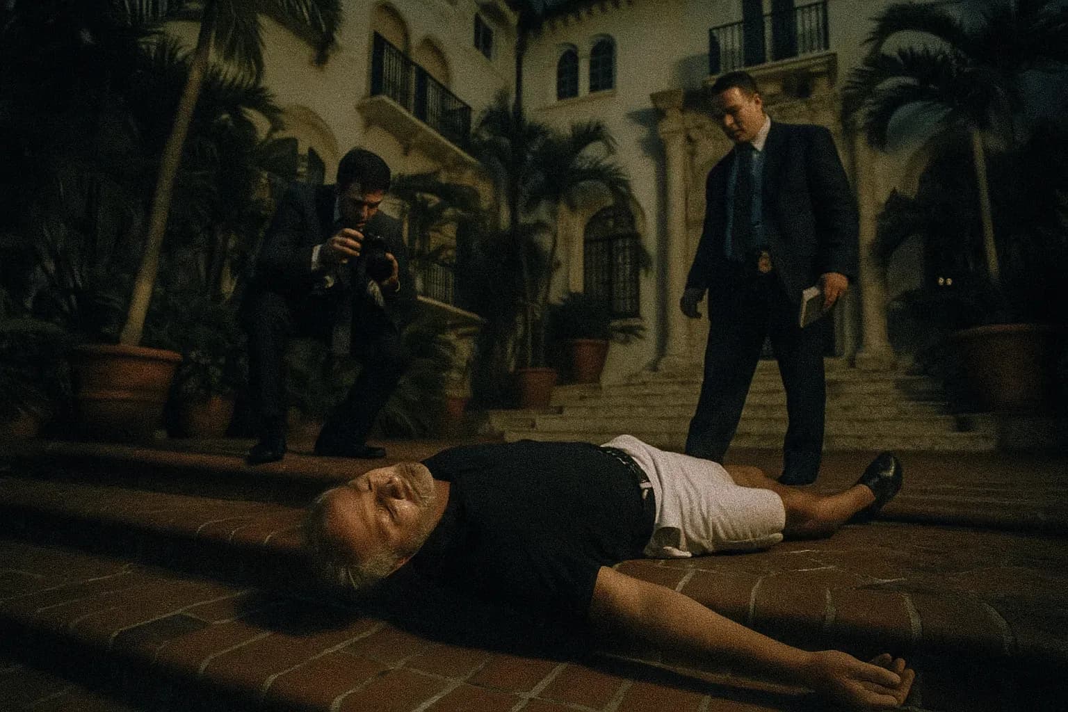 En figur, der ligner Gianni Versace, ligger på trinene til hans Miami-palæ, omgivet af frodig middelhavsstilarkitektur, mens detektiver undersøger gerningsstedet.