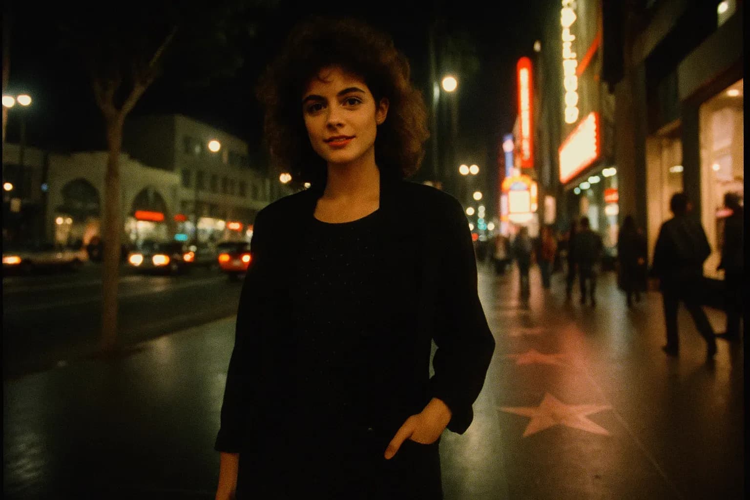 En figur, der ligner Rebecca Schaeffer, poserer på en travl gade i Hollywood omgivet af stjernebesatte fortove, hvilket indfanger essensen af hendes stigende berømmelse før tragedien indtraf.