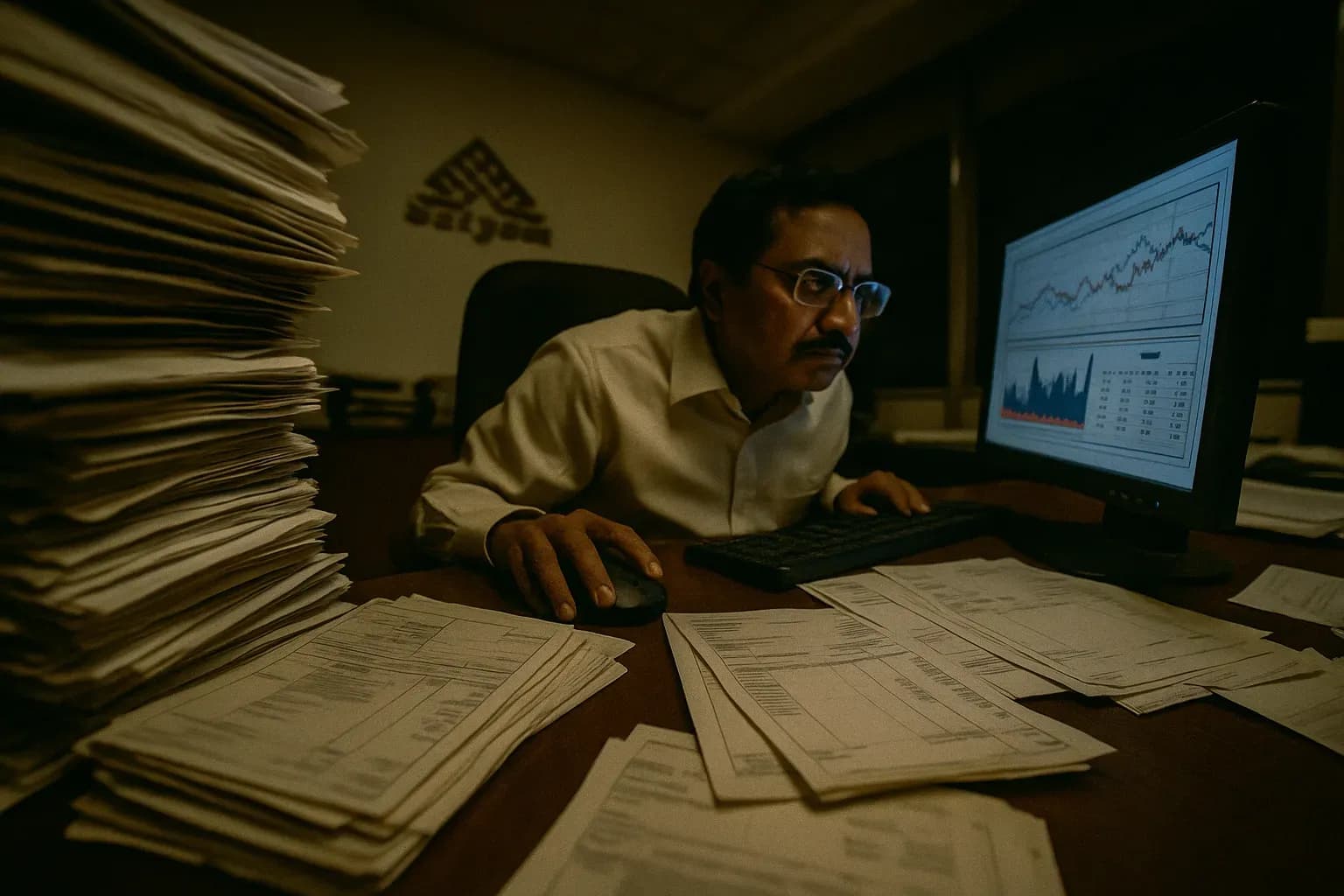 Et rodet kontorbord med stakke af forfalskede fakturaer og dokumenter, med en figur der ligner B. Ramalinga Raju, som er intenst fokuseret på en computerskærm, der viser manipulerede finansielle data hos Satyam Computer Services.