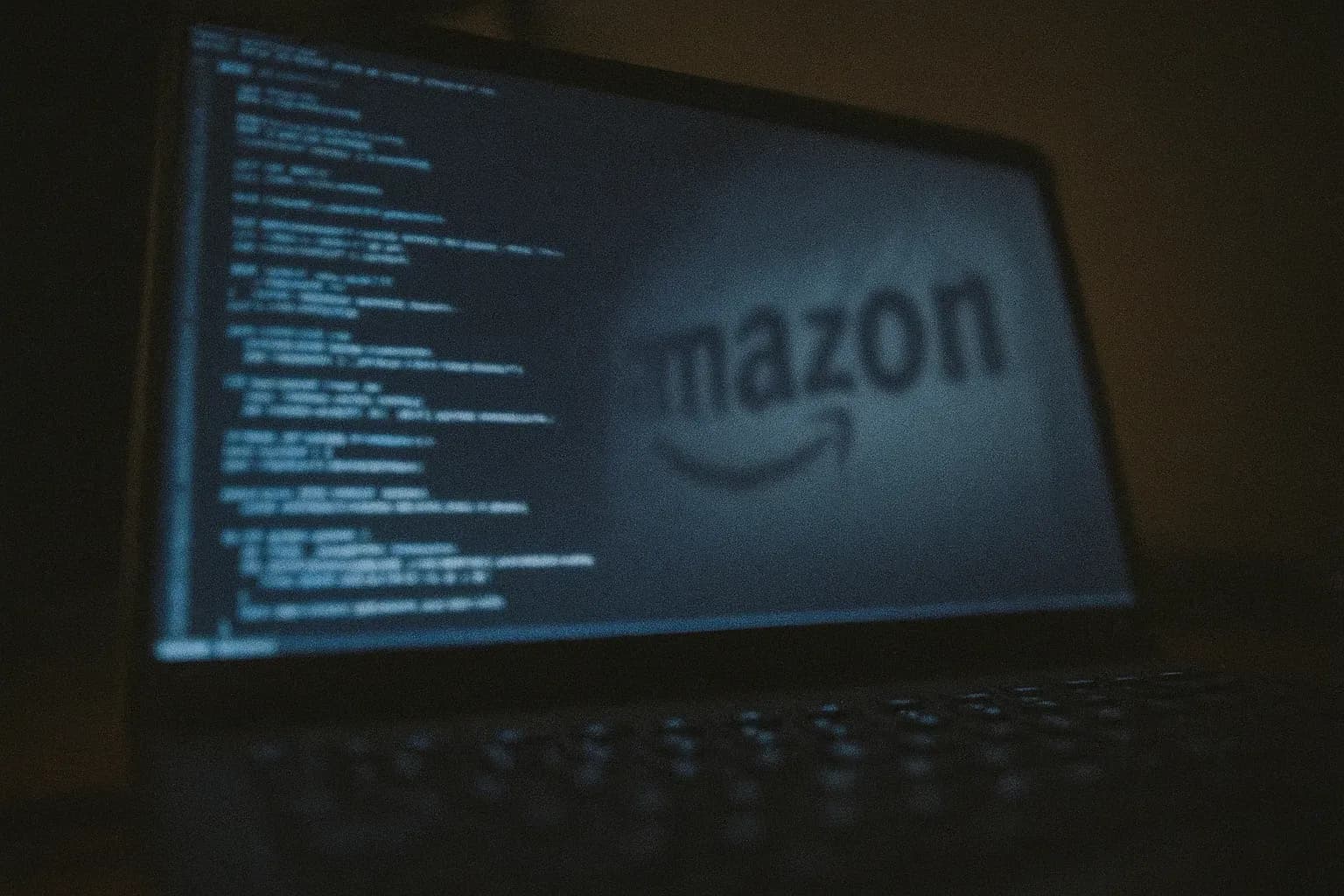 En computerskærm, der viser en terminal med linjer af kode, en refleksion, der viser et svagt Amazon-logo, symboliserer Twitch 2021-lækagen af streamers' indtjening og Amazons uudgivne projekter.