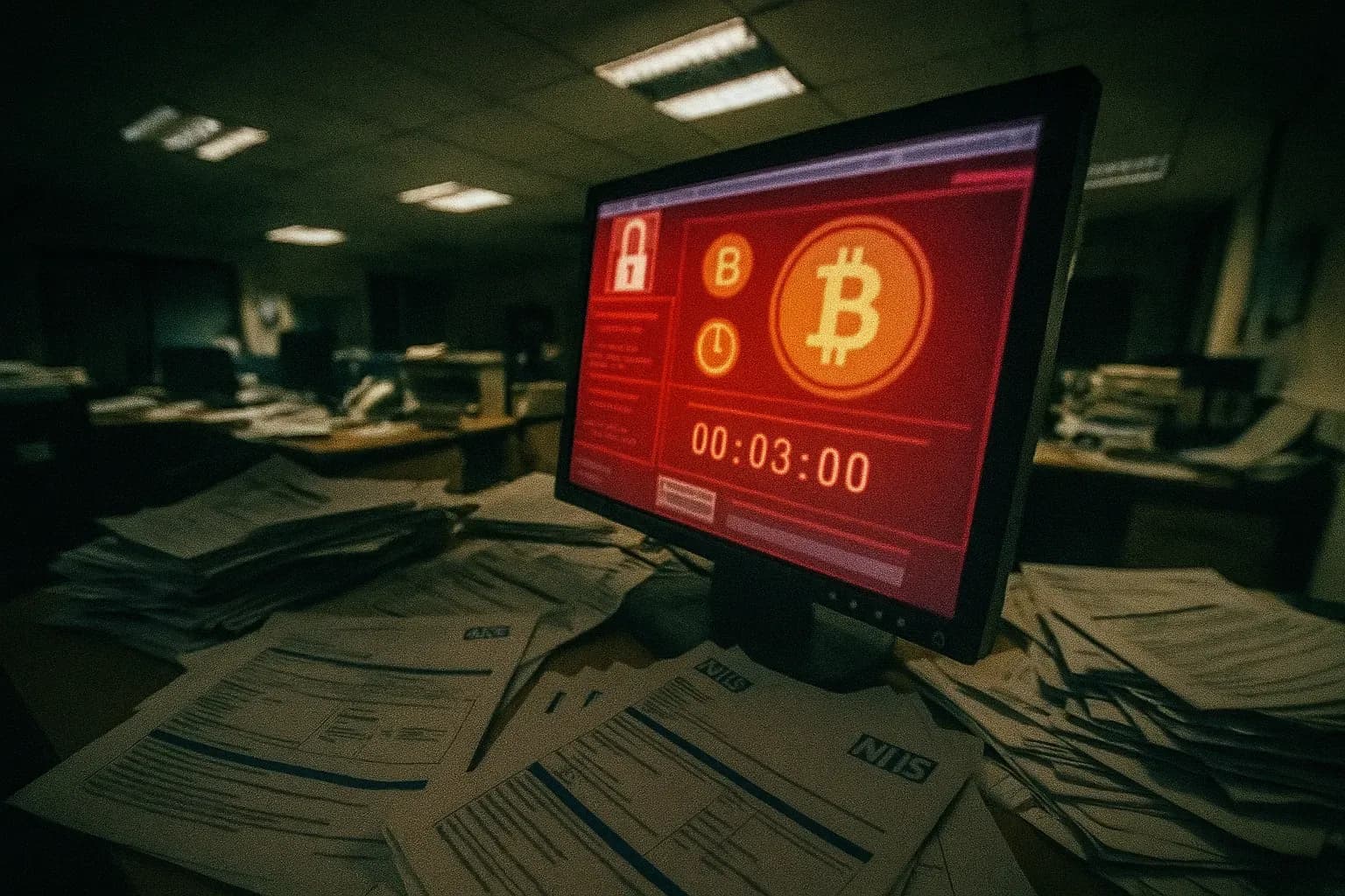 En computerskærm, der viser WannaCry ransomware-beskeden, med Bitcoin-symboler og en nedtællingstimer, midt i et kaotisk kontor med uorganiserede NHS-dokumenter under blinkende fluorescerende lys.