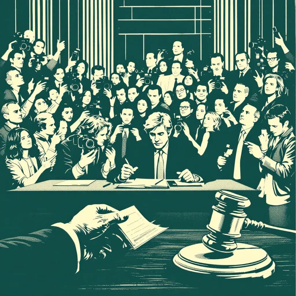 A courtroom scene with a celebrity at the defendant's table, surrounded by a swarm of journalists with cameras and reporters scribbling notes, while a gavel symbolizes justice and intense public scrutiny.