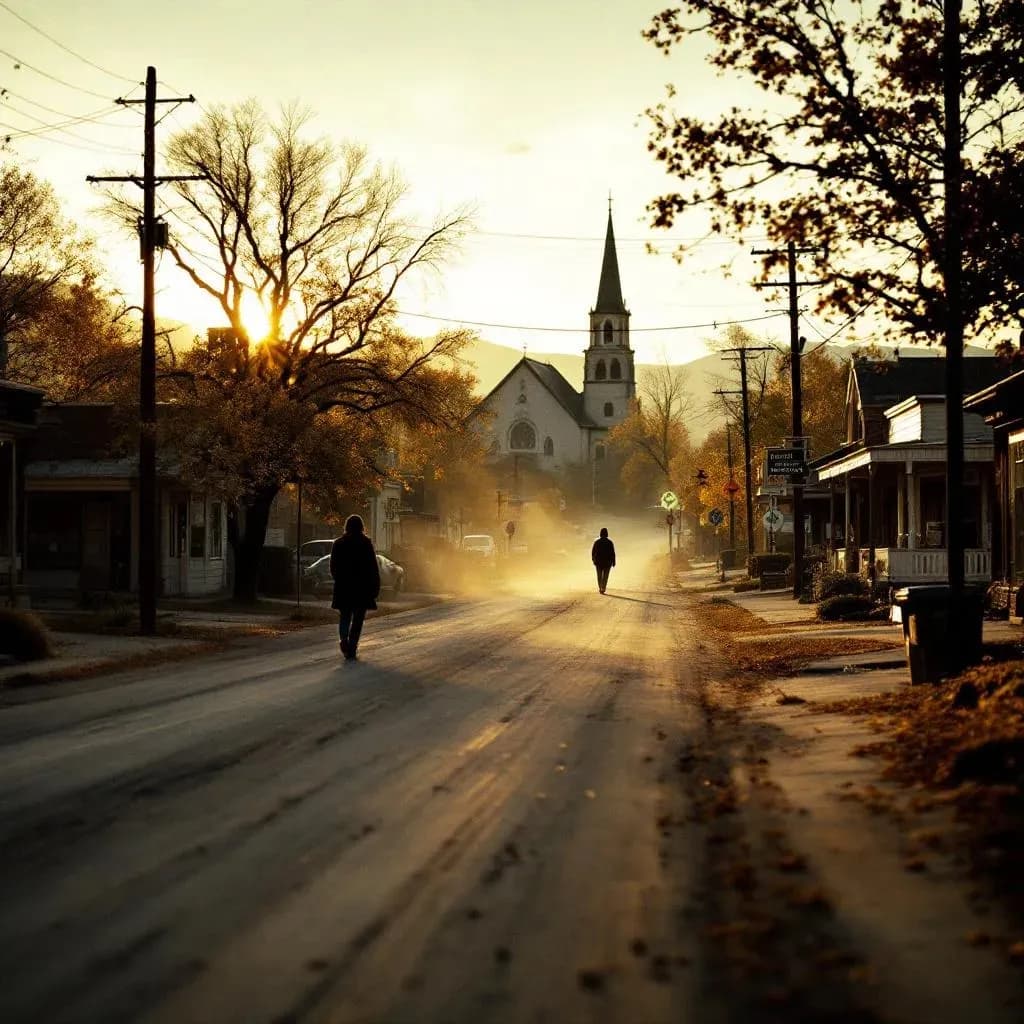 Støvet gade i en lille Utah-by ved solnedgang med en kirke i baggrunden og en enlig figur der går væk