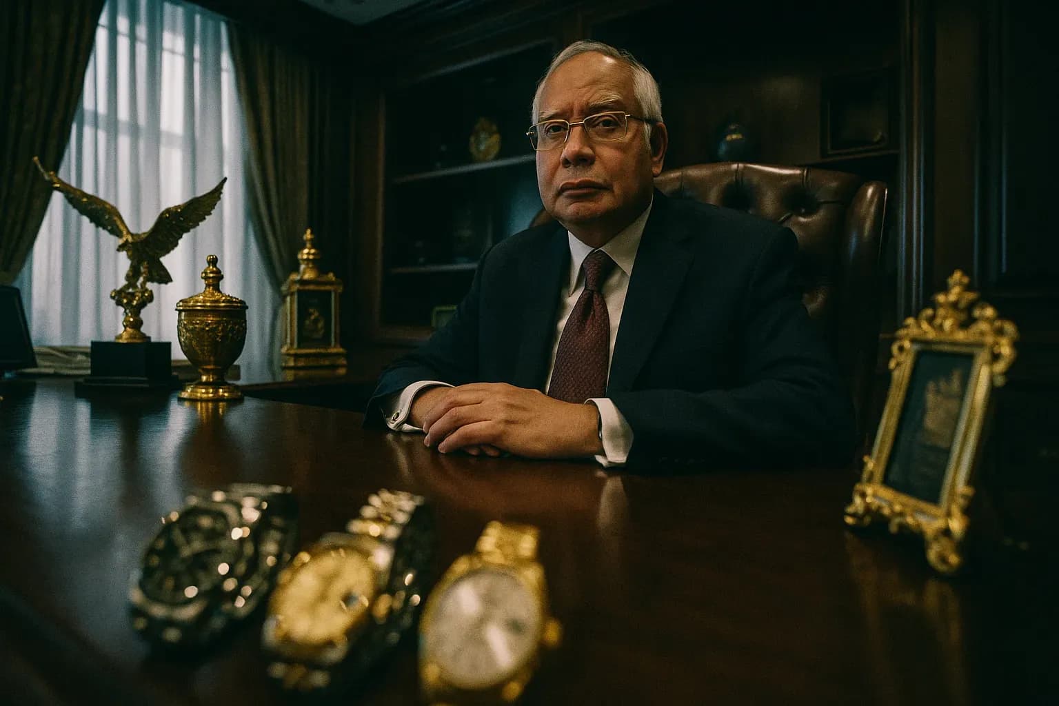 En figur, der ligner Najib Razak, sidder i et overdådigt kontor omgivet af prangende genstande som luksusure og guldbelagte ornamenter, der symboliserer den rigdom, der blev samlet gennem 1MDB-skandalen.