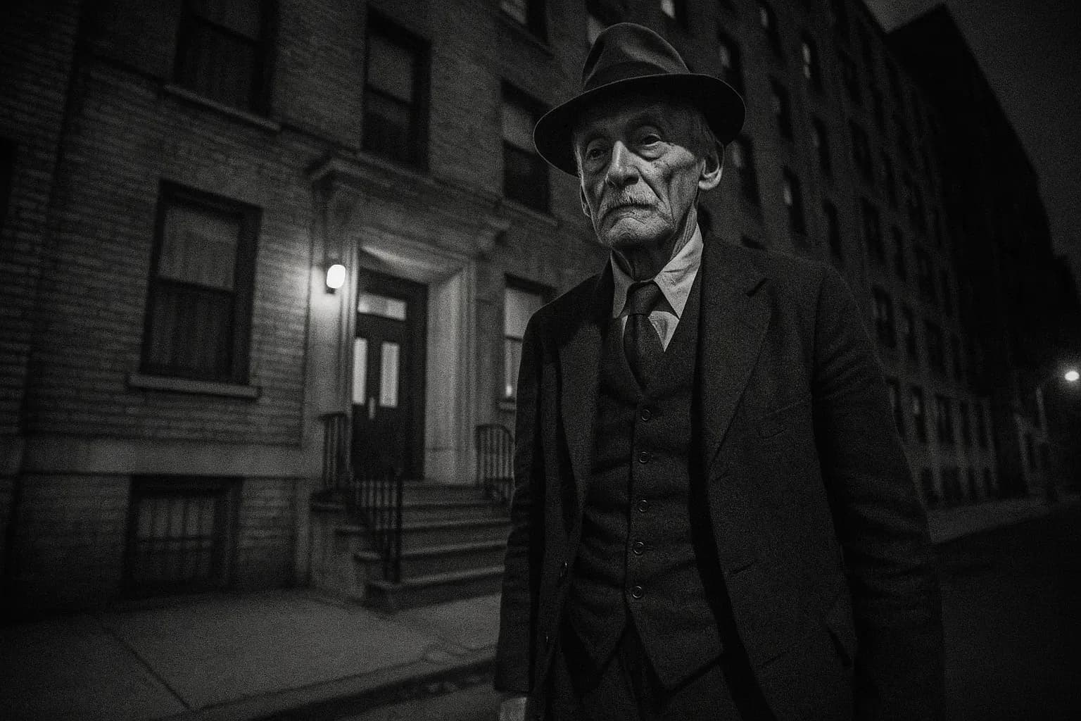En skikkelse, der ligner Albert Fish, står udenfor en New York City lejlighedsbygning i 1930'erne, iført tøj fra perioden.