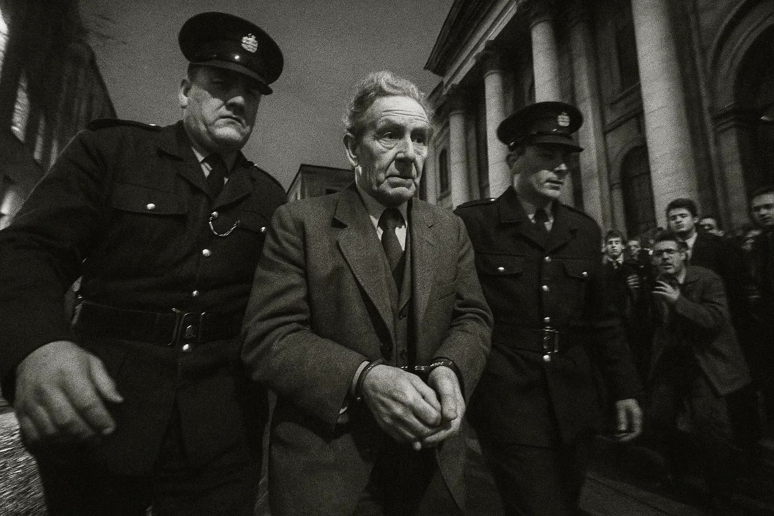 En skikkelse der ligner Alfred Hinds, iført håndjern, bliver eskorteret af politiet uden for Dublins retsbygning, tilskuere og journalister samles i baggrunden.