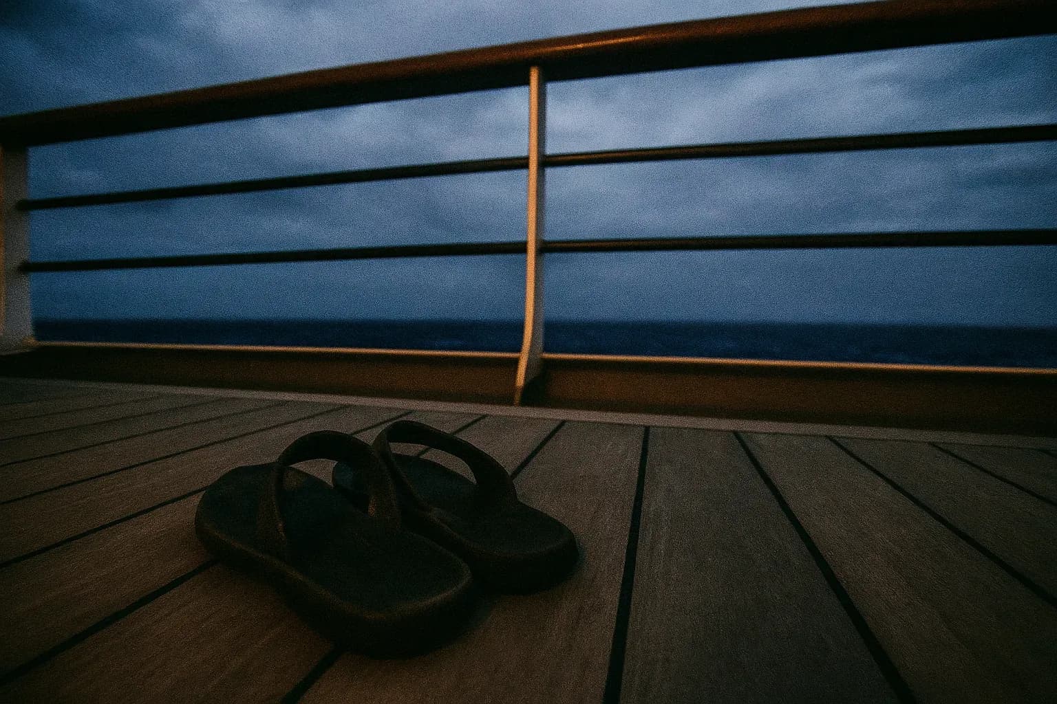 Et par slidte sandaler hviler på en krydstogtskibs balkon, det Caribiske Hav er synligt bag rælingen, symboliserende den mystiske forsvinden af Amy Lynn Bradley fra Rhapsody of the Seas i 1998.
