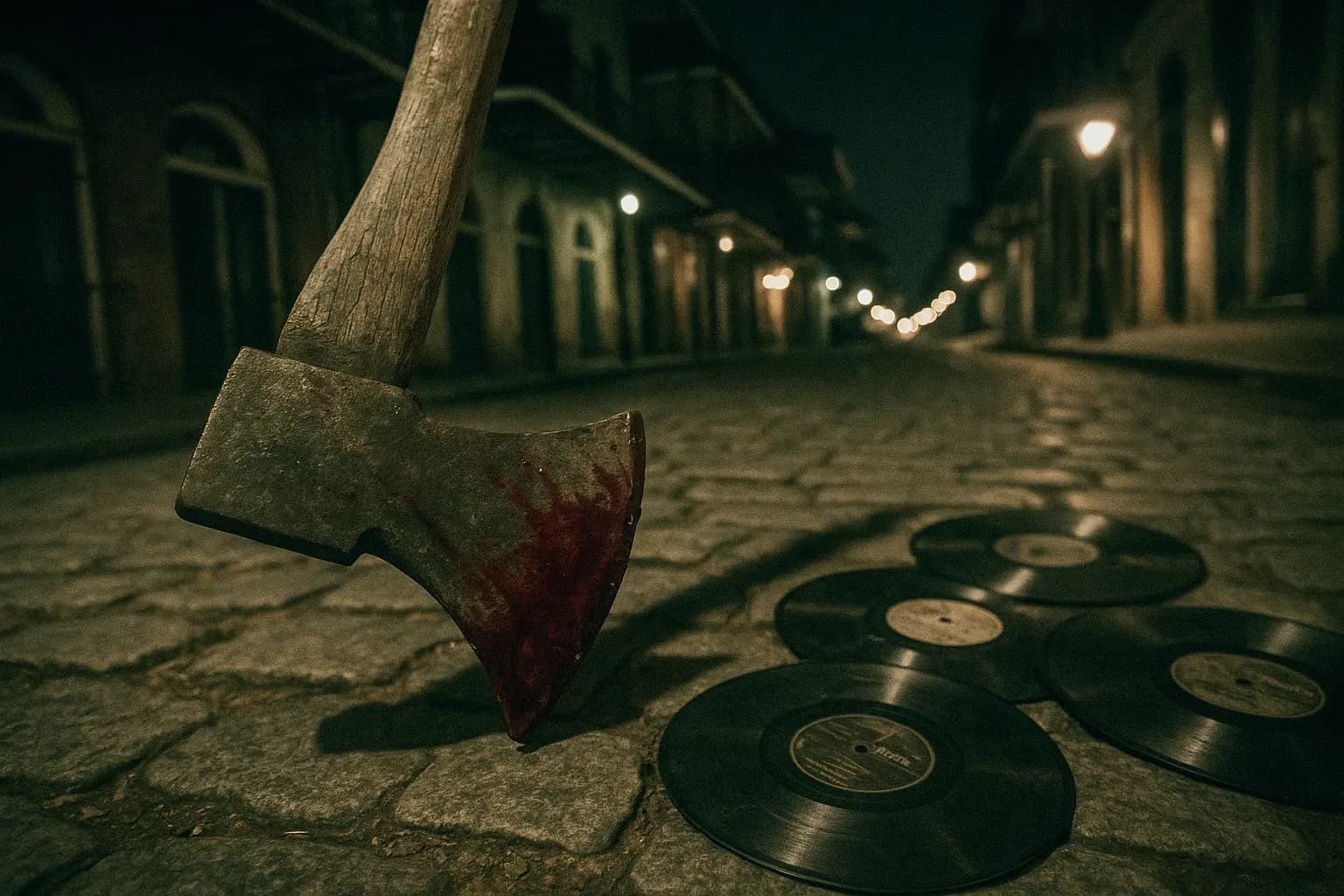 En blodplettet økse, der læner sig mod en brostensgade i New Orleans, omgivet af nogle spredte jazzplader, der fremkalder det uløste mysterium om Axeman of New Orleans 1918-19.
