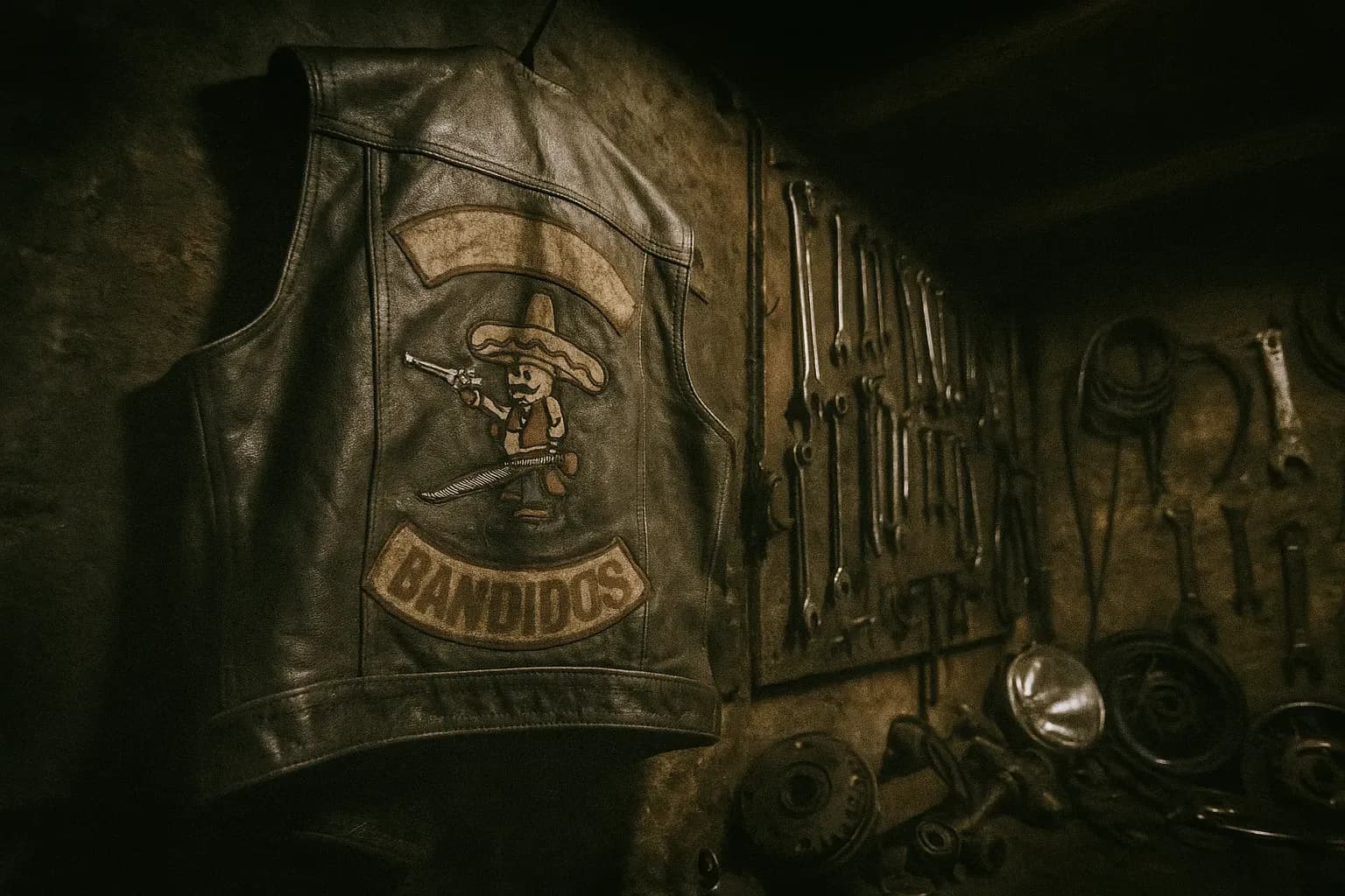 En vejrslidt biker-vest med en fremtrædende Bandidos MC-patch hænger på en rusten søm i en svagt oplyst garage, omgivet af værktøj og reservedele til motorcykler.