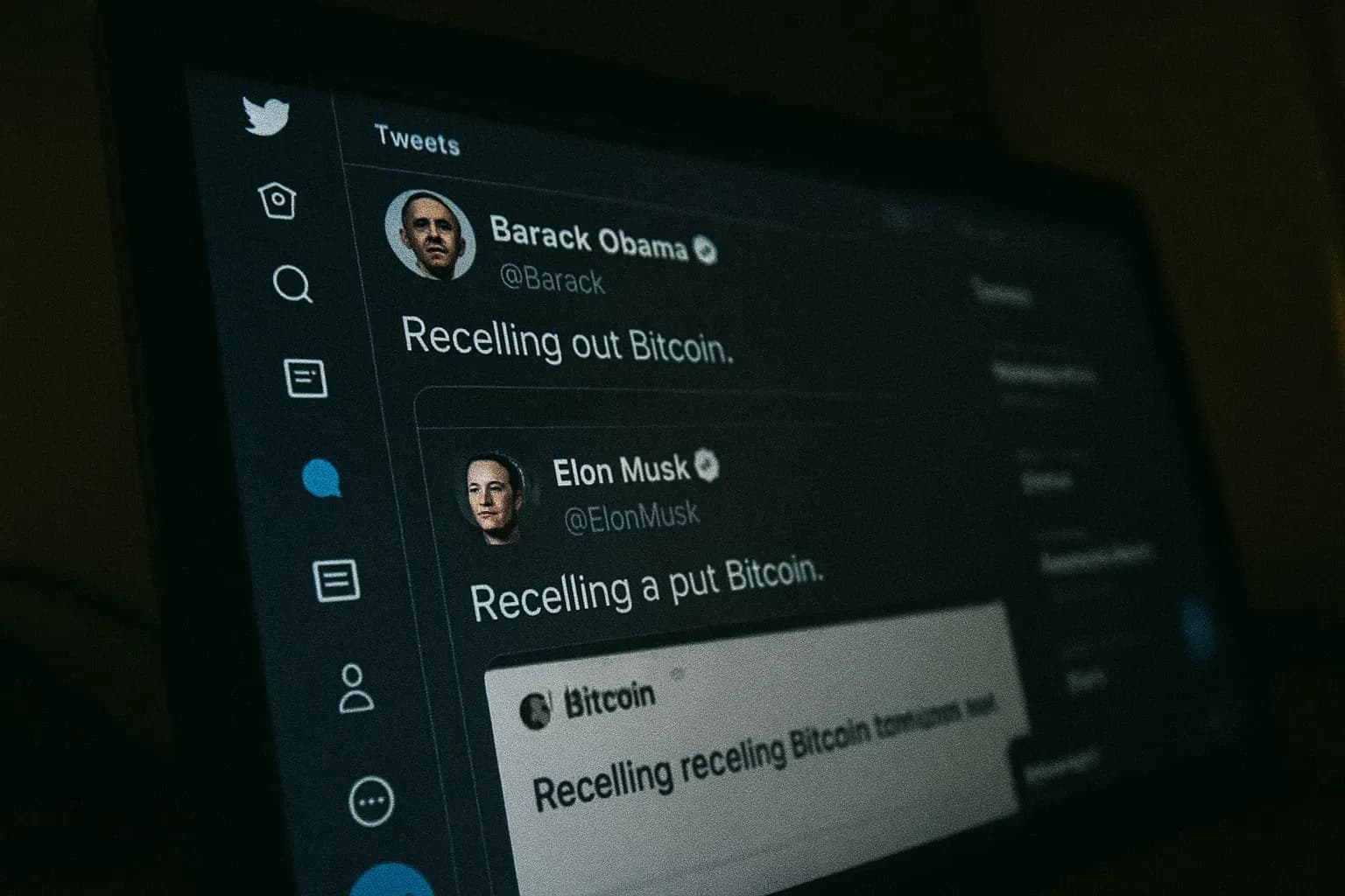 En computerskærm viser en Twitter-grænseflade med fremtrædende hackede kontonavne som Obama og Musk, der viser ukendte tweets om Bitcoin, hvilket eksemplificerer det massive Twitter-sikkerhedsbrud i 2020 af Graham Ivan Clark.